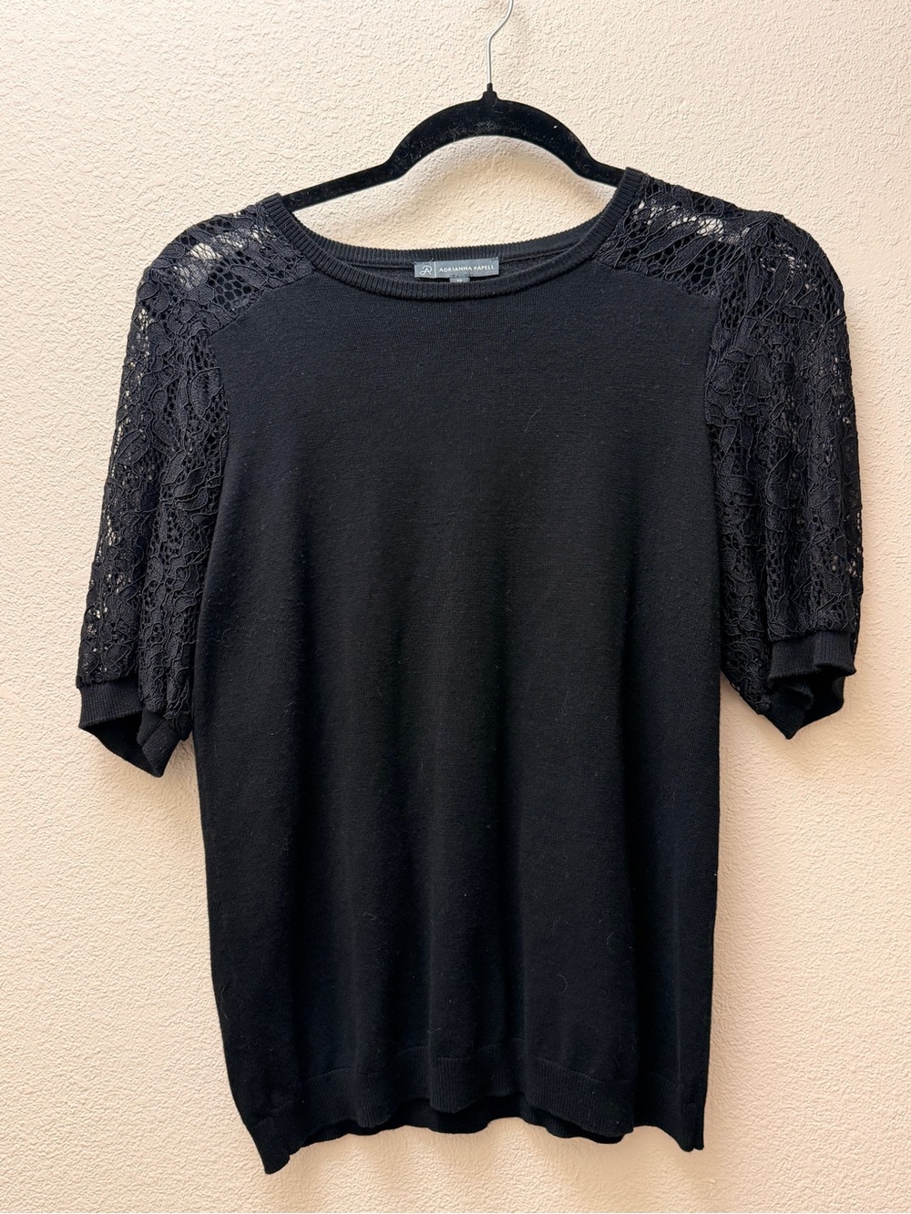 Adrianna Papell Black Lace-Detail Short Sleeve Top
